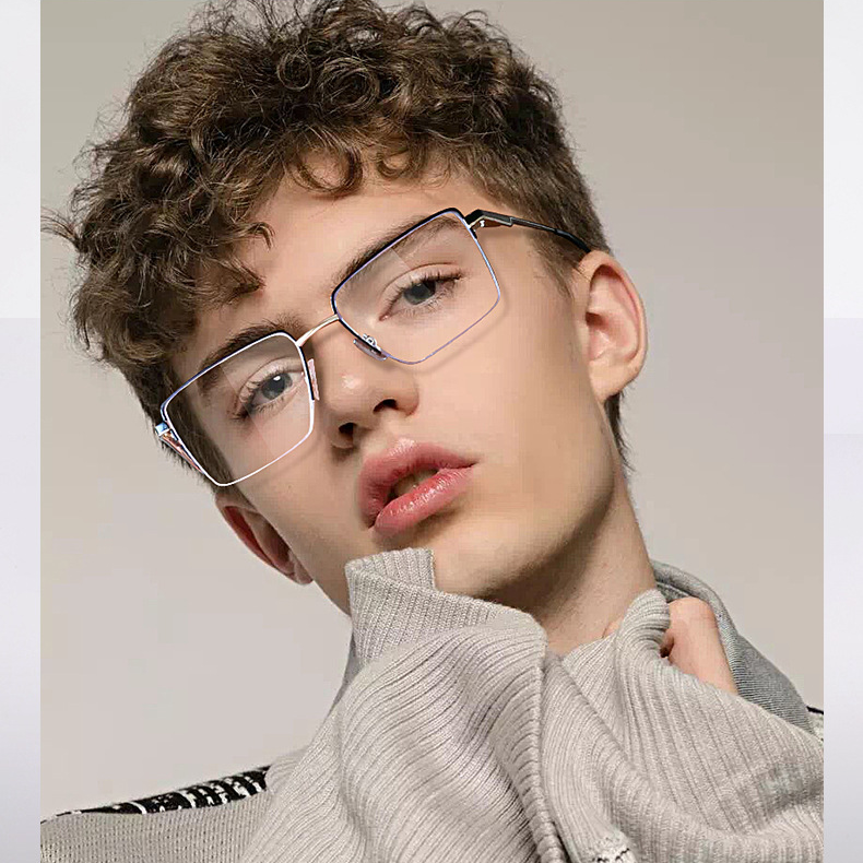 Business Semi-Rimless Metal Frame Glasses Anti Blue Light Rectangular Eyewear